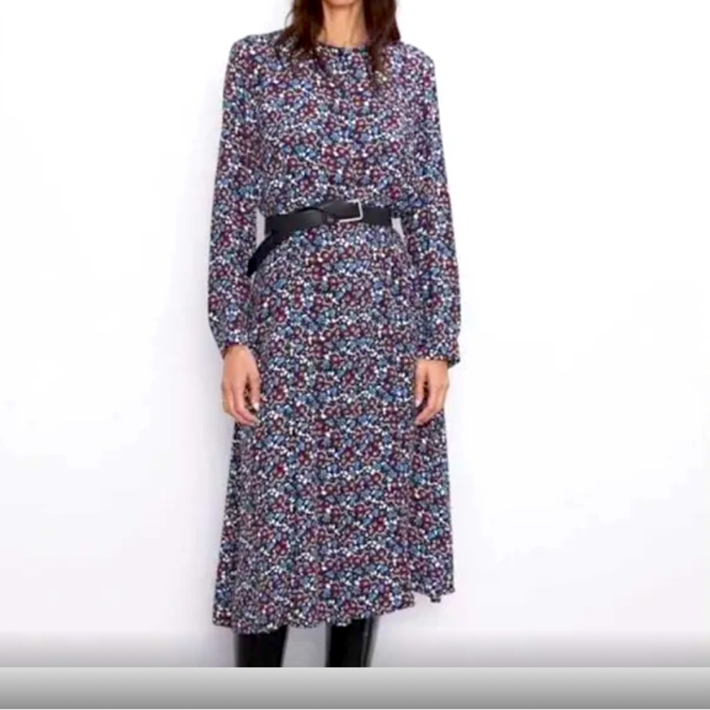 Zara Floral Button Long Sleeve Midi Swing Dress in Wine Red & Blue Size LARGE